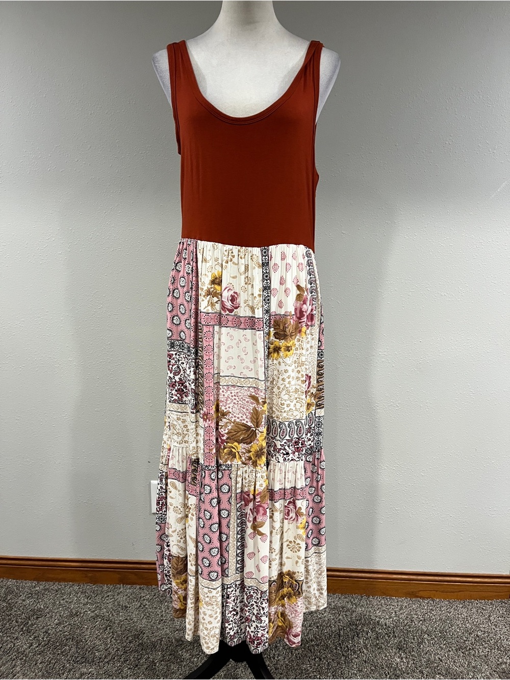Maurices Sleeveless Rust Top Patchwork Floral Maxi Dress size large